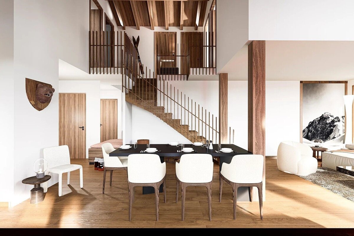 A spacious, modern, and warm interior with an open-plan dining area, wooden staircase, and natural wood accents. Minimalist design with alpine touches.