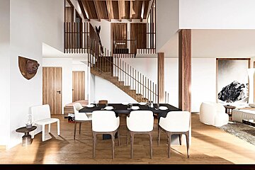 A spacious, modern, and warm interior with an open-plan dining area, wooden staircase, and natural wood accents. Minimalist design with alpine touches.
