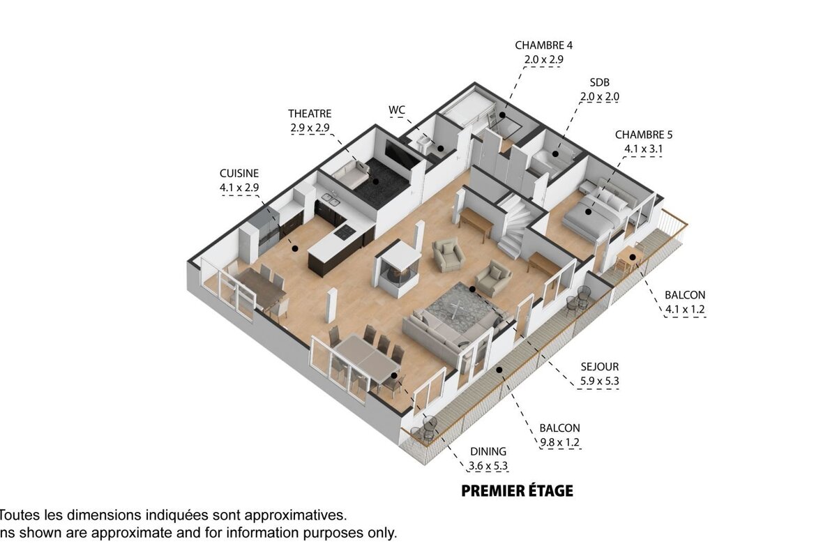 3D isometric floor plan of a first-floor layout, featuring kitchen, living, dining, theatre, 2 bedrooms, 2 balconies, and bathrooms with dimensions.