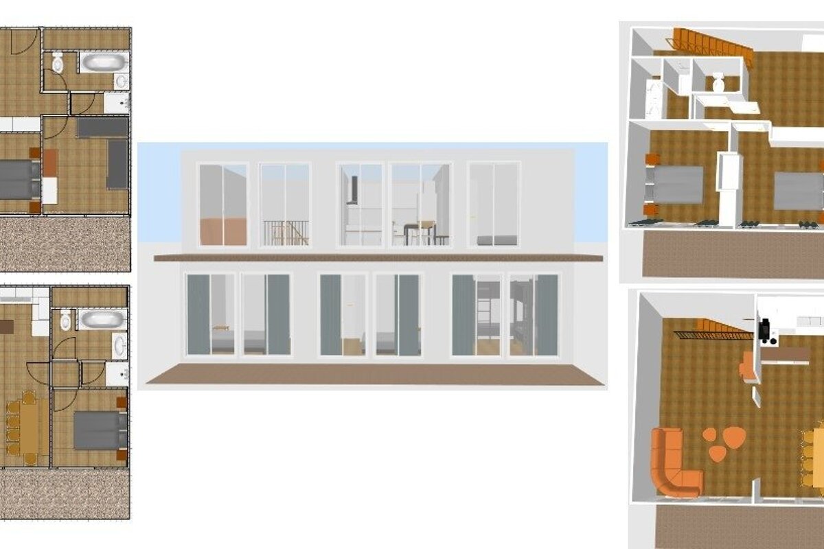 Architectural rendering of a white modern house with large windows, accompanied by several floor plans and cut-away views of its interior.