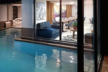 A room with a swimming pool and a couch in it