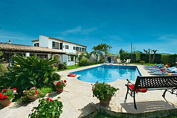 A serene villa with a bright blue swimming pool, lush garden, potted flowers, and sun loungers under a clear blue sky.