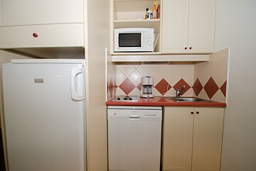 A small kitchen with a dishwasher and a microwave
