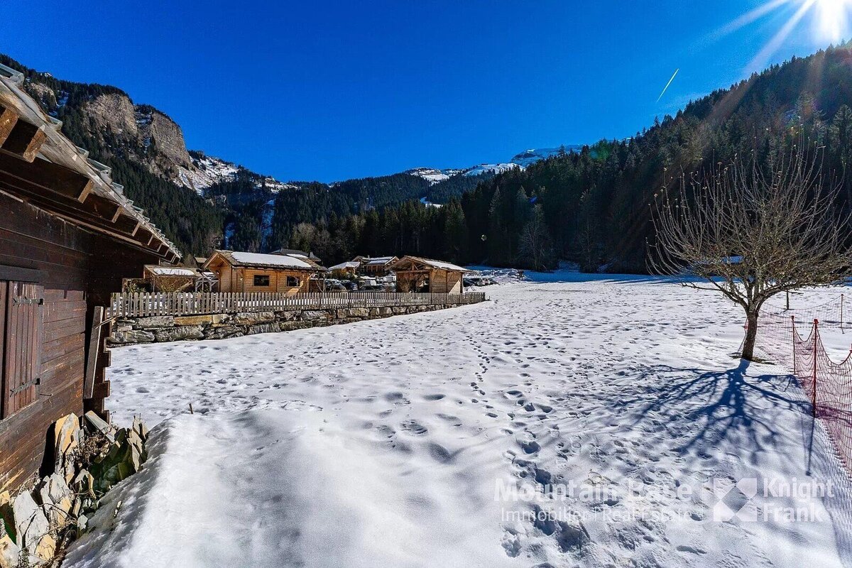 A snowy landscape with a knight frank logo in the foreground