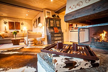 A living room with a fireplace and a cowhide rug