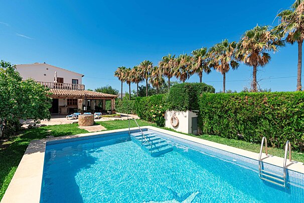 A large swimming pool in front of a house with palm trees
