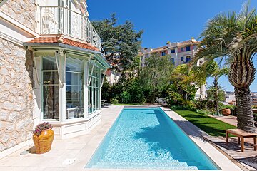 A large swimming pool in the backyard of a house