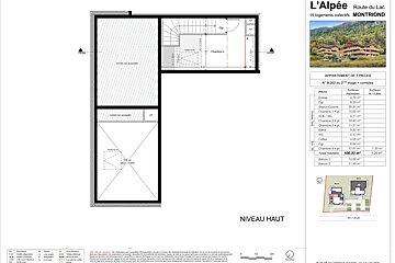 Floor plan of a 5-room apartment named L'Alpée in Montriond, featuring the upper level layout and a table of room surfaces.