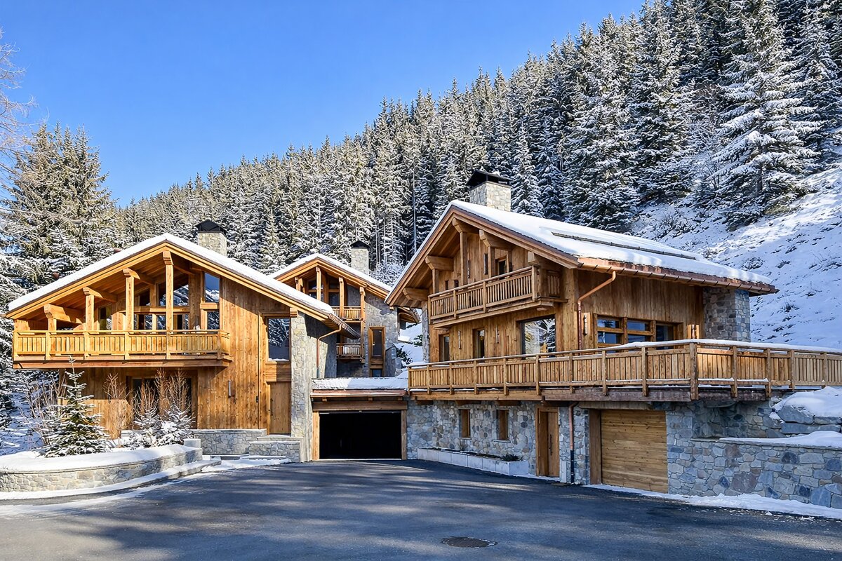 Stunning wooden chalets with stone bases and snow-covered roofs are nestled against a snow-dusted pine forest under a bright blue sky.