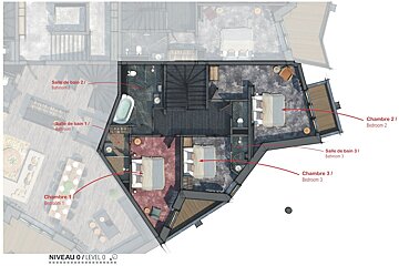 A floor plan of a house shows bedrooms and bathrooms