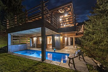 A house with a swimming pool in front of it