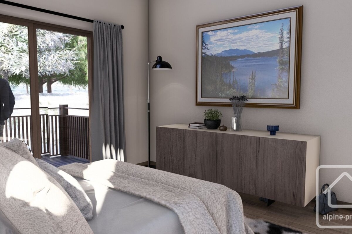 An inviting bedroom with a snowy balcony view, featuring a large bed, dresser with decor, and scenic framed artwork.