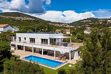 A large white house with a large swimming pool in front of it