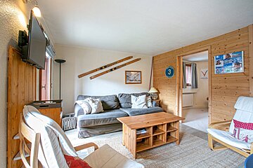 A cozy, rustic chalet living room featuring wood paneling, a gray sofa, wooden coffee table, TV, and vintage skis decorating the wall.