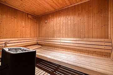 A cozy, empty sauna room with light wood paneling, wooden benches, and a black sauna heater with rocks. A wooden bucket and ladle are visible.