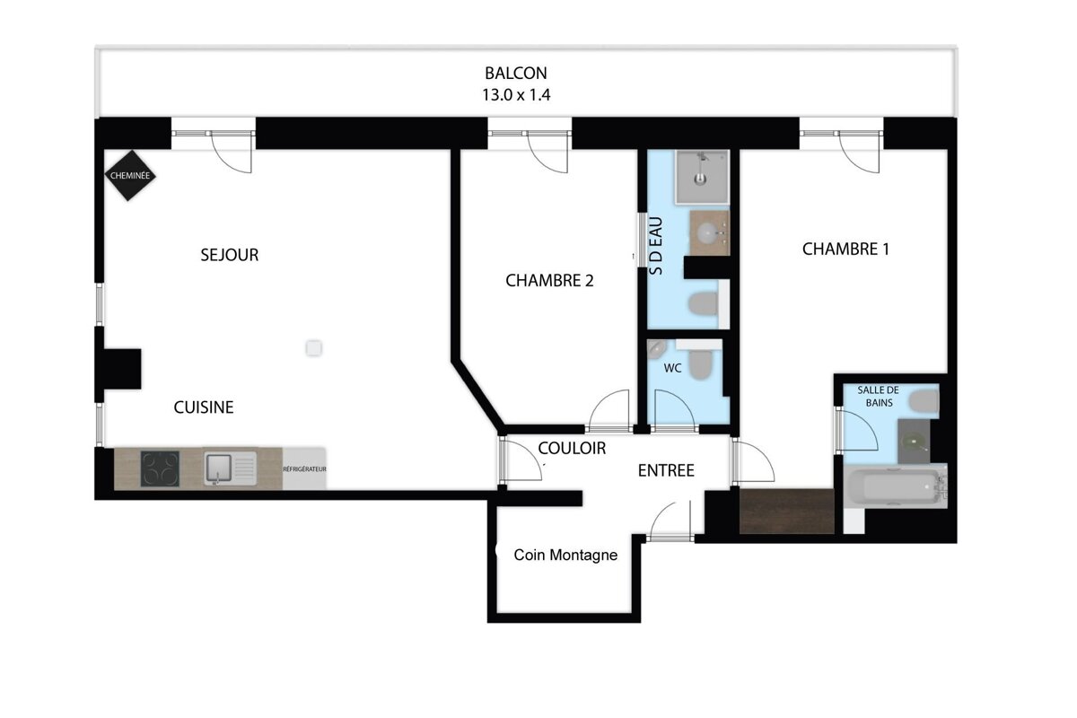 Detailed floor plan of an apartment featuring two bedrooms, a living room, kitchen, two bathrooms (one with shower, one with bath), WC, balcony, and entrance with a 