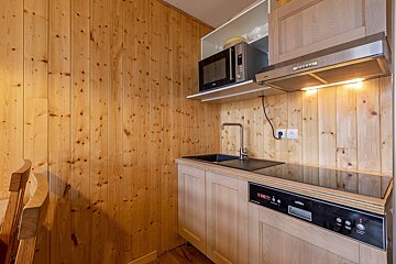 A compact kitchenette with warm wood paneling throughout, featuring a modern sink, microwave, hob, and integrated dishwasher.
