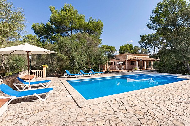 A large swimming pool with a house in the background