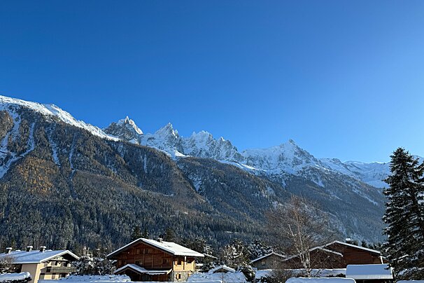 Majestic snow-capped mountains and a winter forest under a clear blue sky, with snow-covered houses nestled in the foreground.