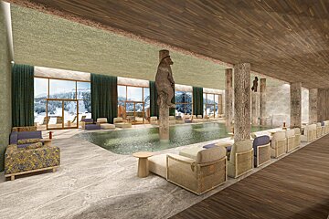 An artist 's impression of a hotel lobby with a swimming pool