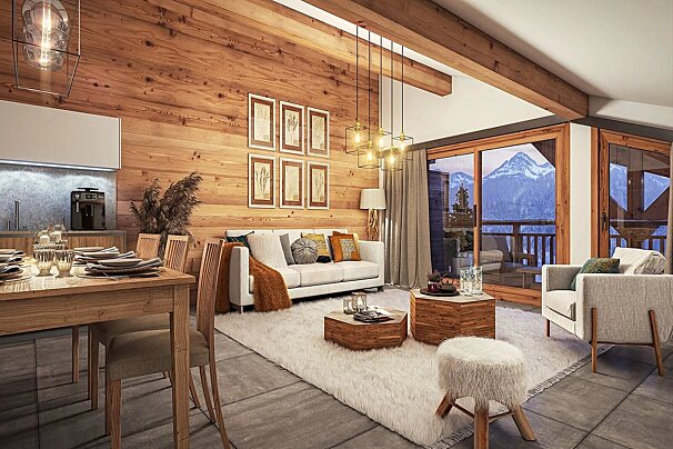 A cozy, modern chalet interior with warm wood, stylish furniture, and large windows revealing a breathtaking snowy mountain vista.