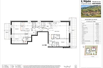 Floor plan of a 5-room apartment in Montriond, featuring a spacious layout with four bedrooms, balconies, and detailed room dimensions.