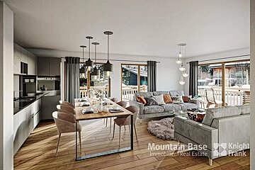 An artist 's impression of a living room and dining room by mountain base