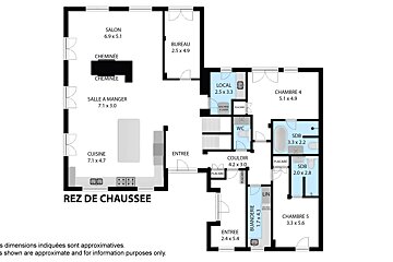 A comprehensive French floor plan displays various rooms like living, dining, kitchen, office, 2 bedrooms, 2 baths, and laundry, all with dimensions.