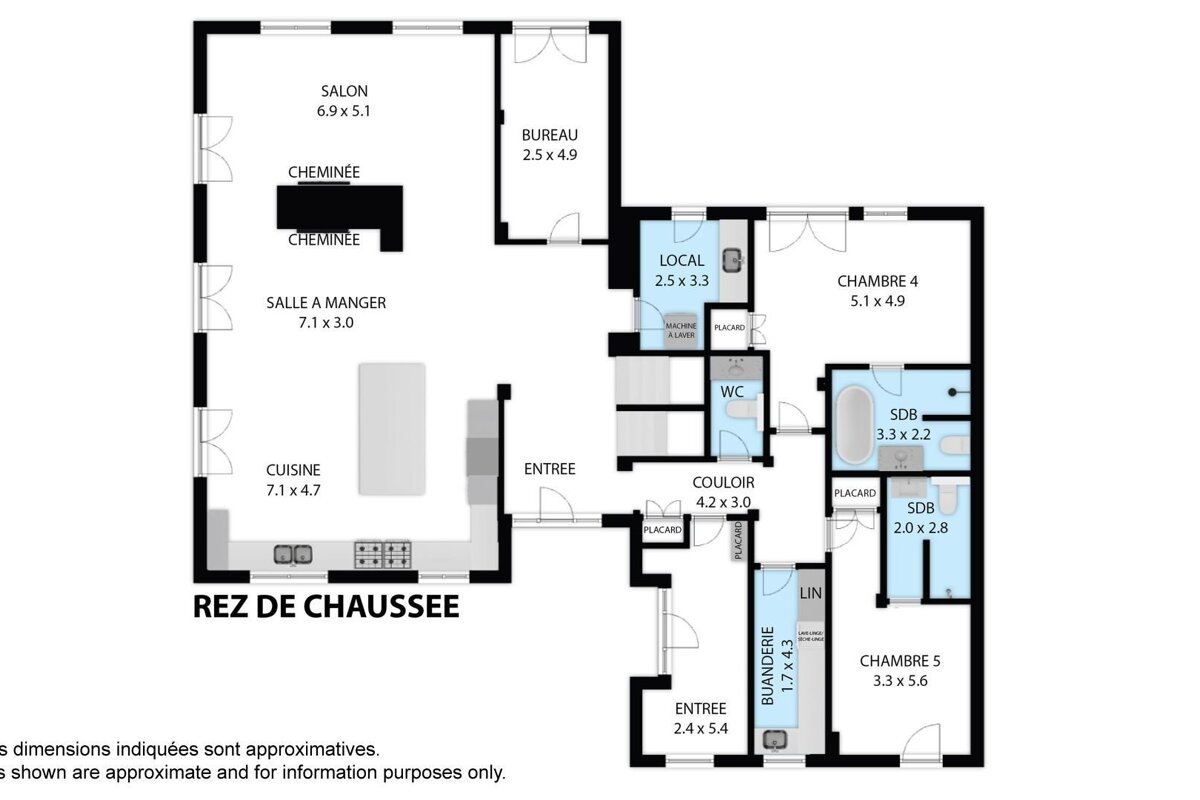 Detailed ground floor plan with salon, cuisine, bureau, 2 chambres, 2 SDB, buanderie, WC, and main entrance.