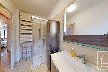 A modern bathroom features a walk-in shower, a stylish vanity with a large mirror, a towel warmer, and a door leading to another room.