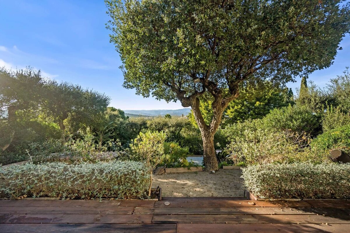 A wooden deck overlooks a lush garden with a large tree, leading to distant hills under a clear blue sky.