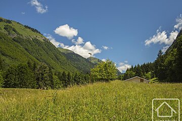 A lush green meadow nestled in a valley with forested mountains under a blue, partly cloudy sky.