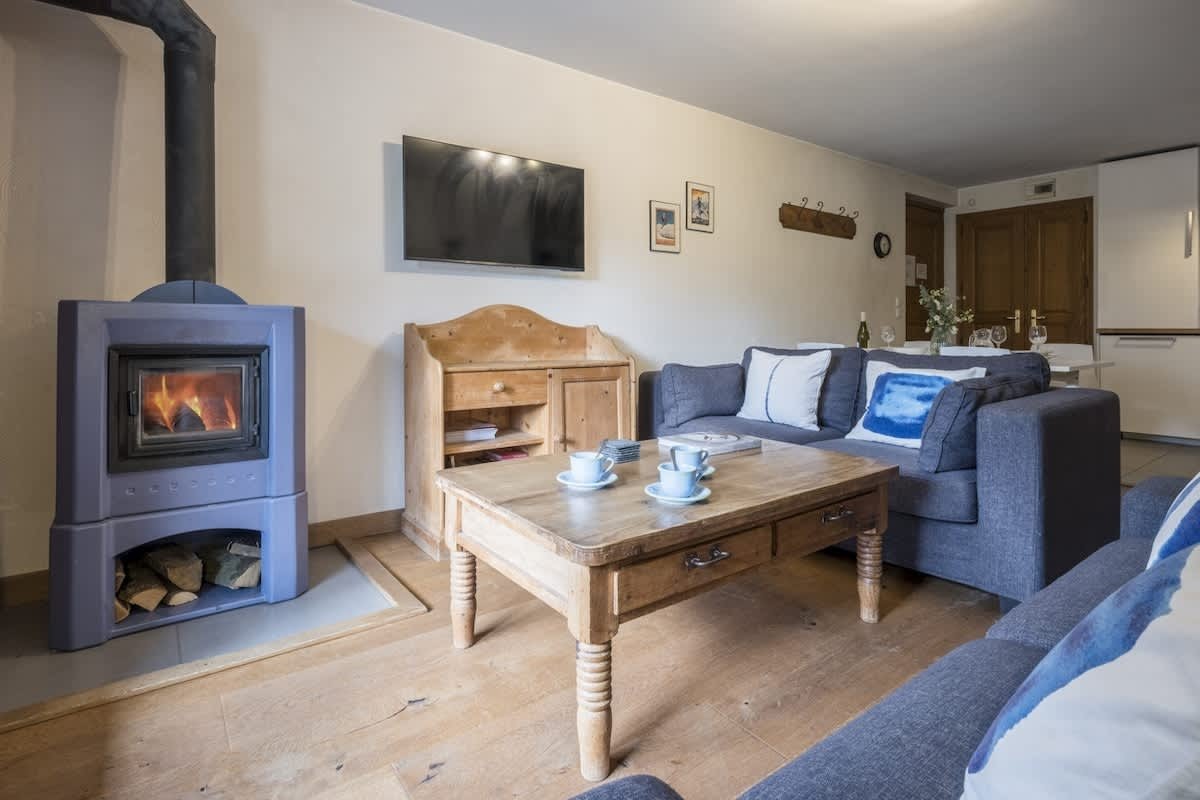 Cozy living room featuring a burning wood stove, a grey sofa, a wooden coffee table with teacups, and a wall-mounted TV.