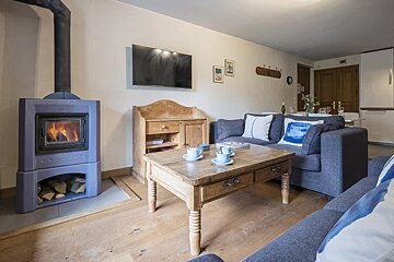 Cozy living room featuring a burning wood stove, a grey sofa, a wooden coffee table with teacups, and a wall-mounted TV.