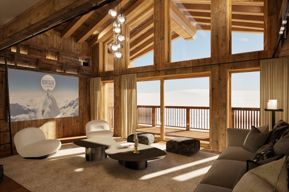 Wood-paneled chalet living room with a projector screen, modern seating, and floor-to-ceiling windows offering a bright exterior view.