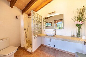 A bathroom with a toilet sink and a walk in shower