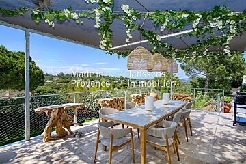 A balcony with a table and chairs and a sign that says made in provence