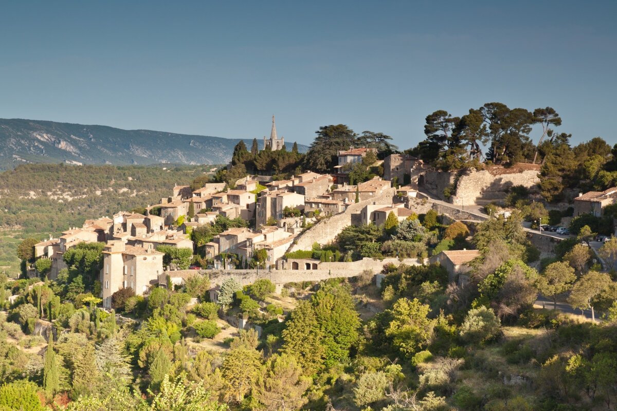 A small village sits on top of a hill surrounded by trees