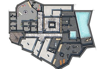 A hand-drawn style architectural floor plan of a luxury recreation space: pool, gym, fireplace lounge, and various rooms.