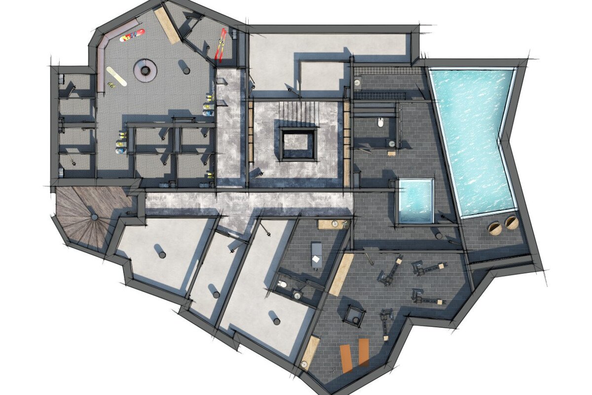 An aerial view of a house with a swimming pool