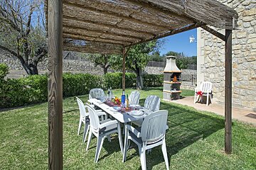 A patio with a table and chairs under a pergola