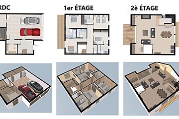 A house's floor plans and 3D perspectives across three levels: ground floor with garage, first floor with bedrooms, and second floor with living spaces.