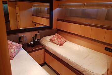 A bedroom with two twin beds and a mirror
