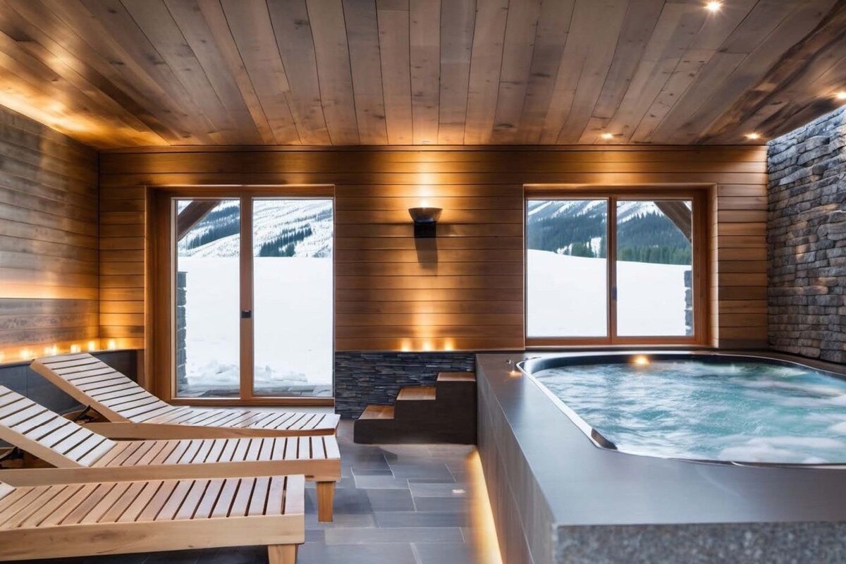Luxurious indoor spa with wooden lounge chairs, a hot tub, and windows overlooking a snowy mountain scene.