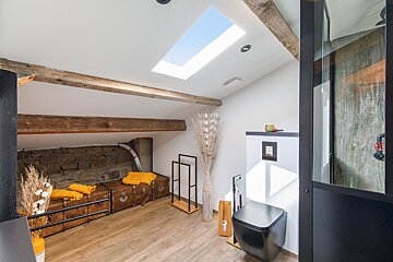 A bathroom with a skylight and a black toilet