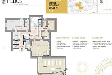Floor plan of the "Espace Bien-Être" wellness area in the Helios building, featuring fitness, spa, and zen zones.