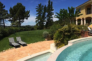 A large house with a swimming pool in front of it