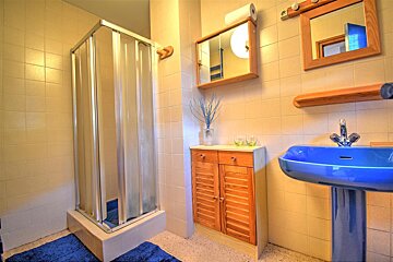A bathroom with a blue sink and a shower stall