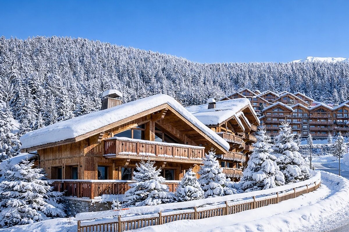 Snow-covered wooden chalets and pine trees blanket a mountain slope under a clear blue sky, creating a beautiful winter resort scene.