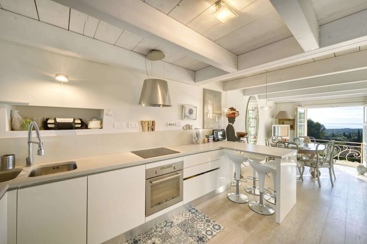 A kitchen with white cabinets and a stove top oven